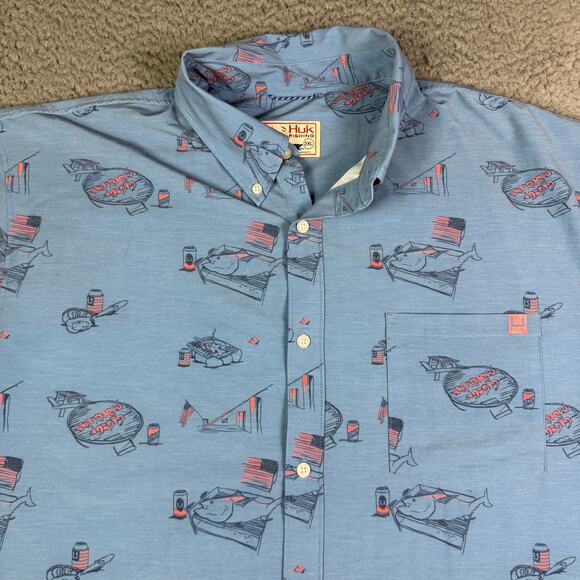 Huk Kona Shirt Mens 2XL Blue AmeriCookin Performance Button Down Fishing - Picture 1 of 9